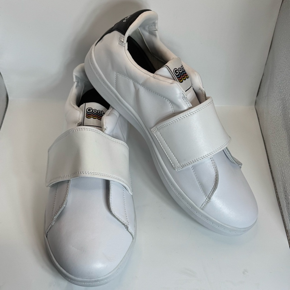GOATS Women's or mens White Canvas Wide-Strap Round-Toe Slip-on Sneakers 11.5